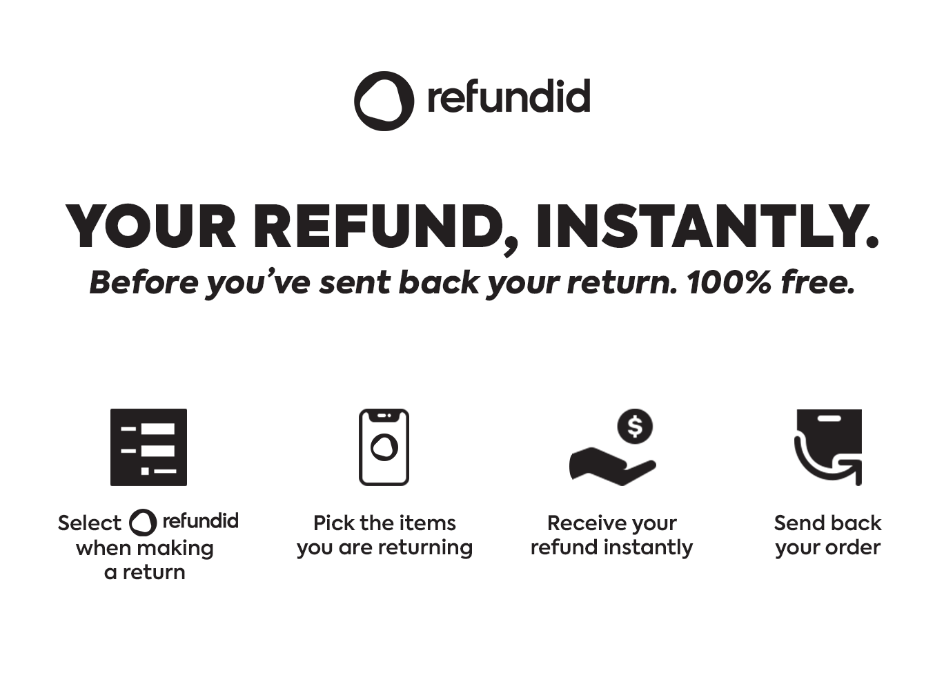 Refundid. Your refund, instantly. Before you've sent back your return. 100% free.               Select refundid when making a return.               Pick the items you are returning.               Receive your refund instantly.               Send back your order.
