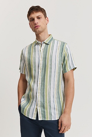 Regular Fit Organically Grown Linen Stripe Short Sleeve Shirt