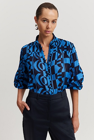 Blue Geo Print Pintuck Detail Blouse - Natural Fibres | Country Road