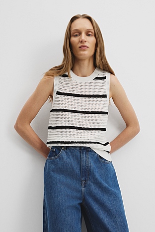 Organically Grown Cotton Stripe Crochet Knit Tank