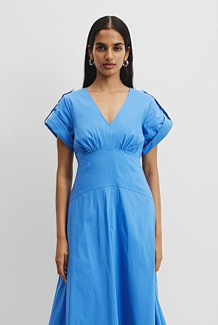 Organically Grown Cotton Blend Poplin Basque Midi Dress