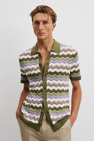 Cotton Silk Multi Stripe Knit Shirt