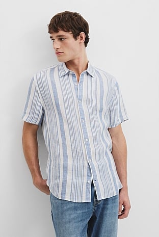 Short Sleeve Regular Fit Organically Grown Linen Stripe Shirt