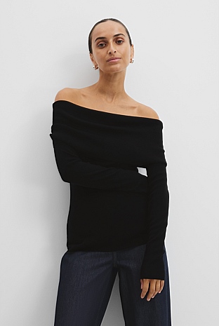 Australian Merino Wool Silk Off-Shoulder Detail Knit