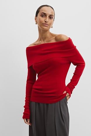 Australian Merino Wool Silk Off-Shoulder Detail Knit