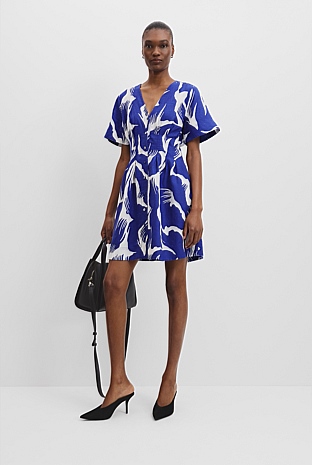 Organically Grown Linen Print Tuck Detail Mini Dress