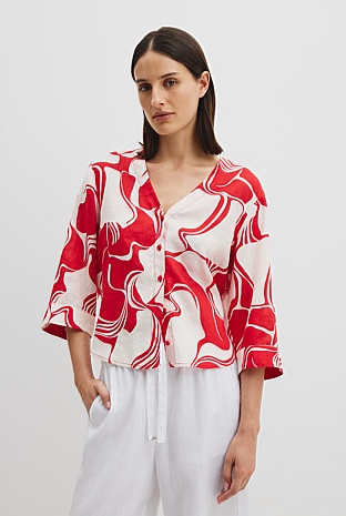 Organically Grown Cotton Print 3/4 Sleeve Linen Shirt