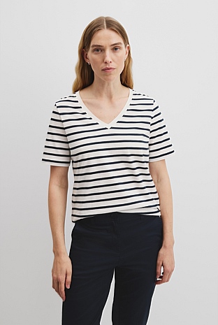 Australian Cotton Stripe Short Sleeve V-Neck Neck T-Shirt