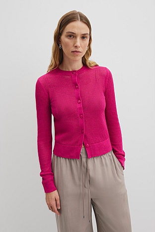 Organically Grown Cotton Linen Open Mesh Knit Cardigan