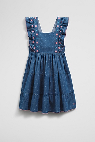 Organically Grown Cotton Chambray Frill Embroidered Dress