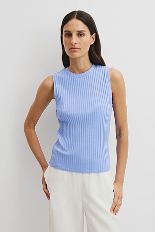 Cornflower High Neck Rib Tank - T-Shirts & Tops | Country Road