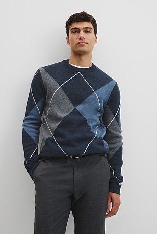 Merino Wool Argyle Crew Neck Knit