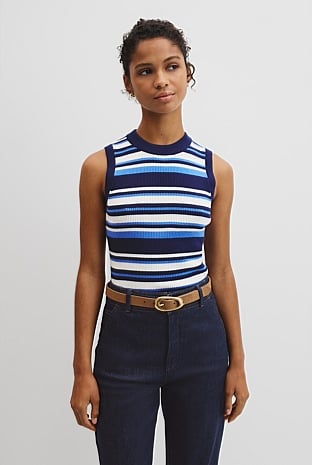 Australian Merino Crew Neck Stripe Knit Tank