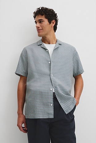 Short Sleeve Tencel Linen Geometric Print Shirt