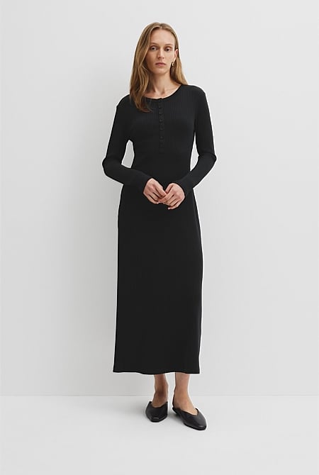 ribbed modal long sleeve mini dress in black Long Sleeve Ribbed Mini Dress