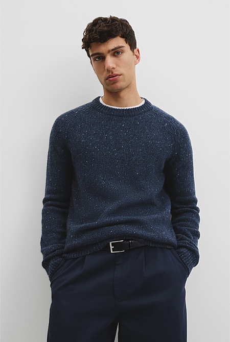 Navy Merino Nep Wool Blend Crew Neck Knit - The Office Edit