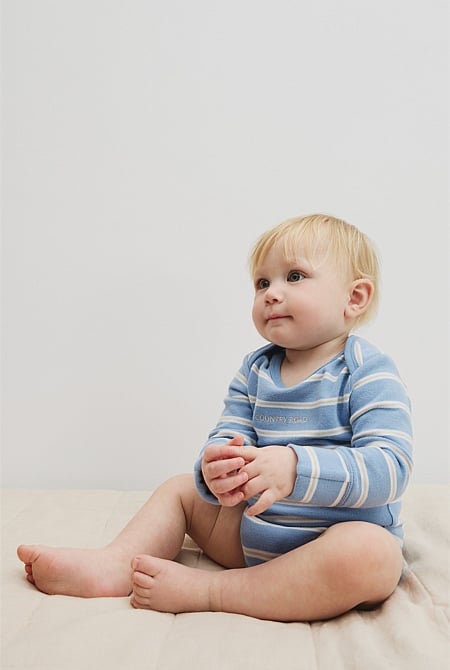 Organically Grown Cotton Stripe Logo Long Sleeve Bodysuit