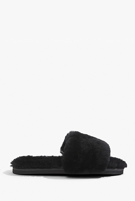 Black Australian Made Shearling Slide Flats Country Road