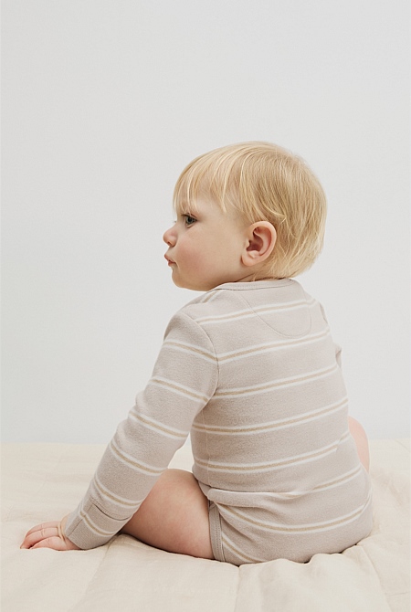 Organically Grown Cotton Stripe Logo Long Sleeve Bodysuit