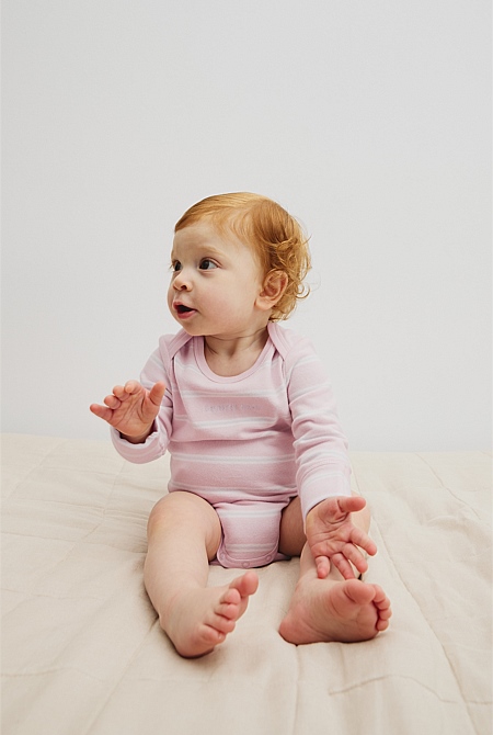 Organically Grown Cotton Stripe Logo Long Sleeve Bodysuit