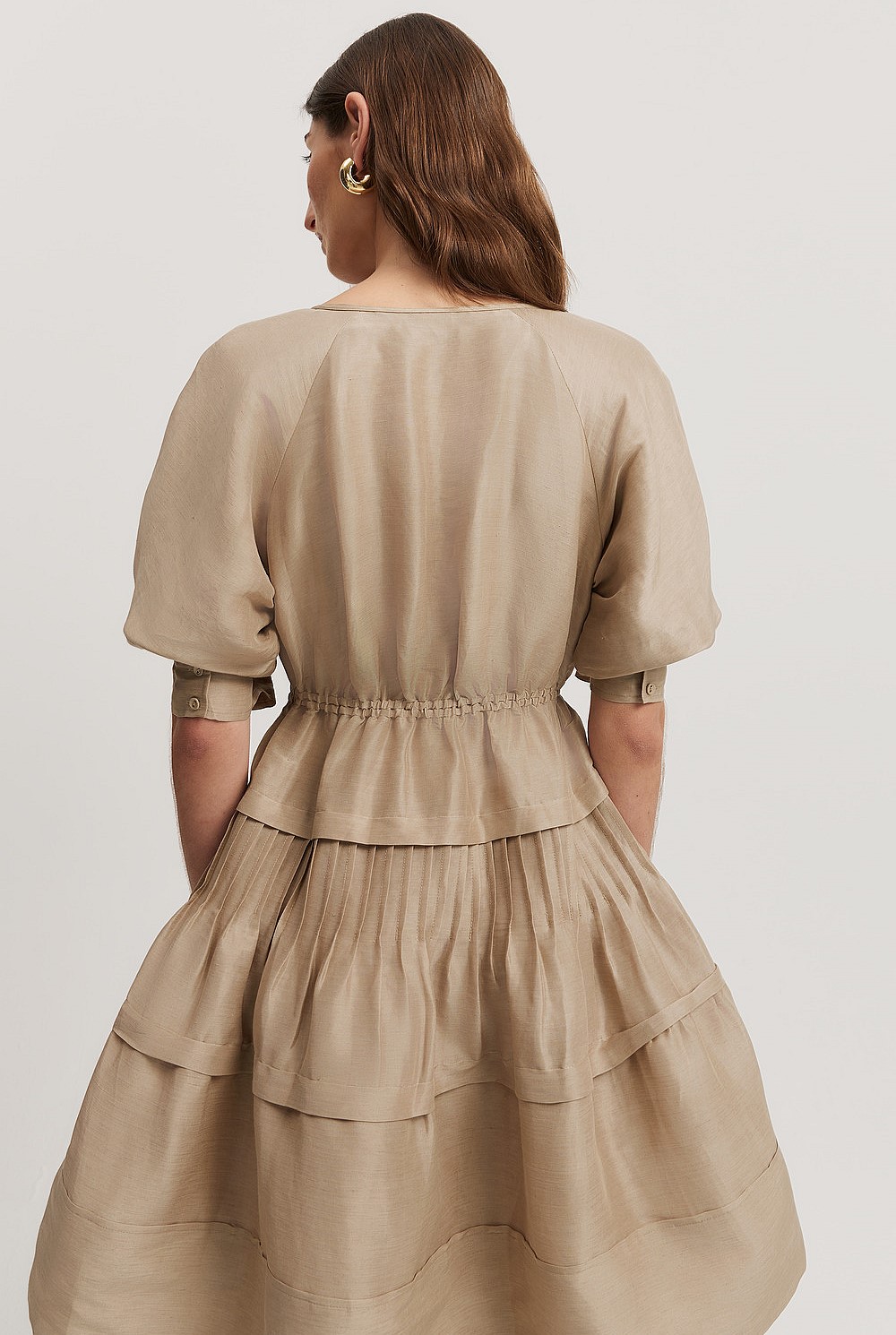 country road puff sleeve mini dress Taupe Gathered Tiered Mini Dress - Natural Fibres