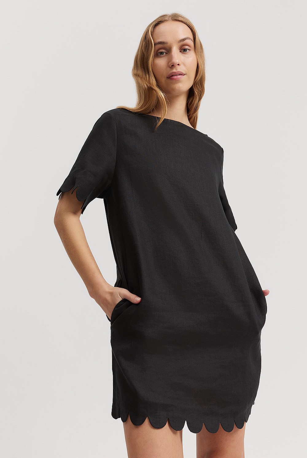country road black linen dress COUNTRY ROAD Flounce Mini Dress, black linen blend,