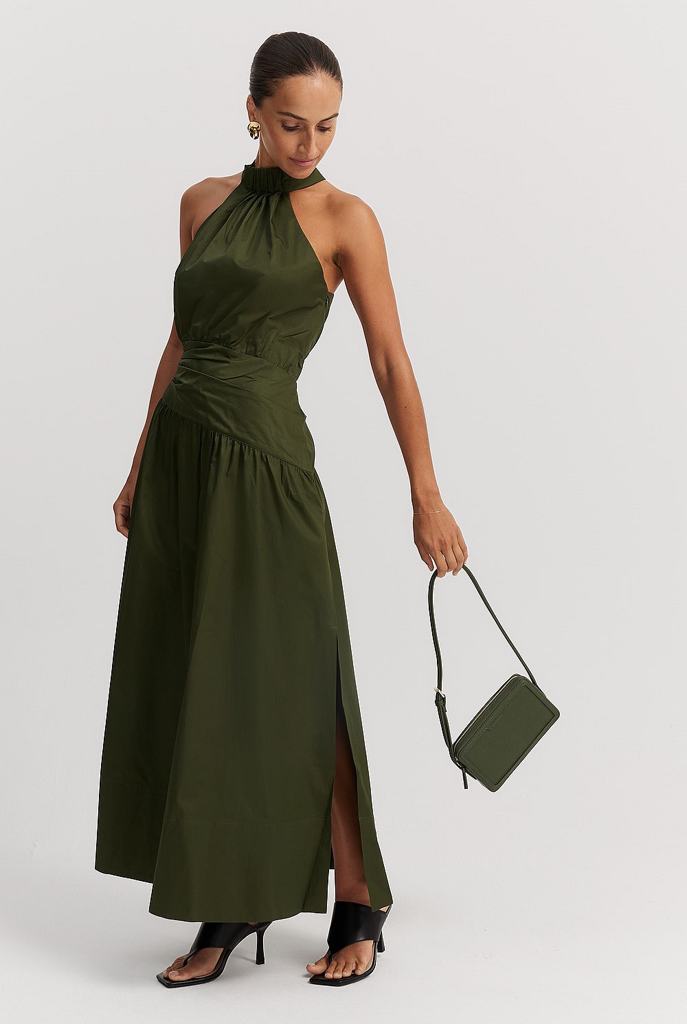 Dark Olive Cotton Halter Tuck Dress - Dresses