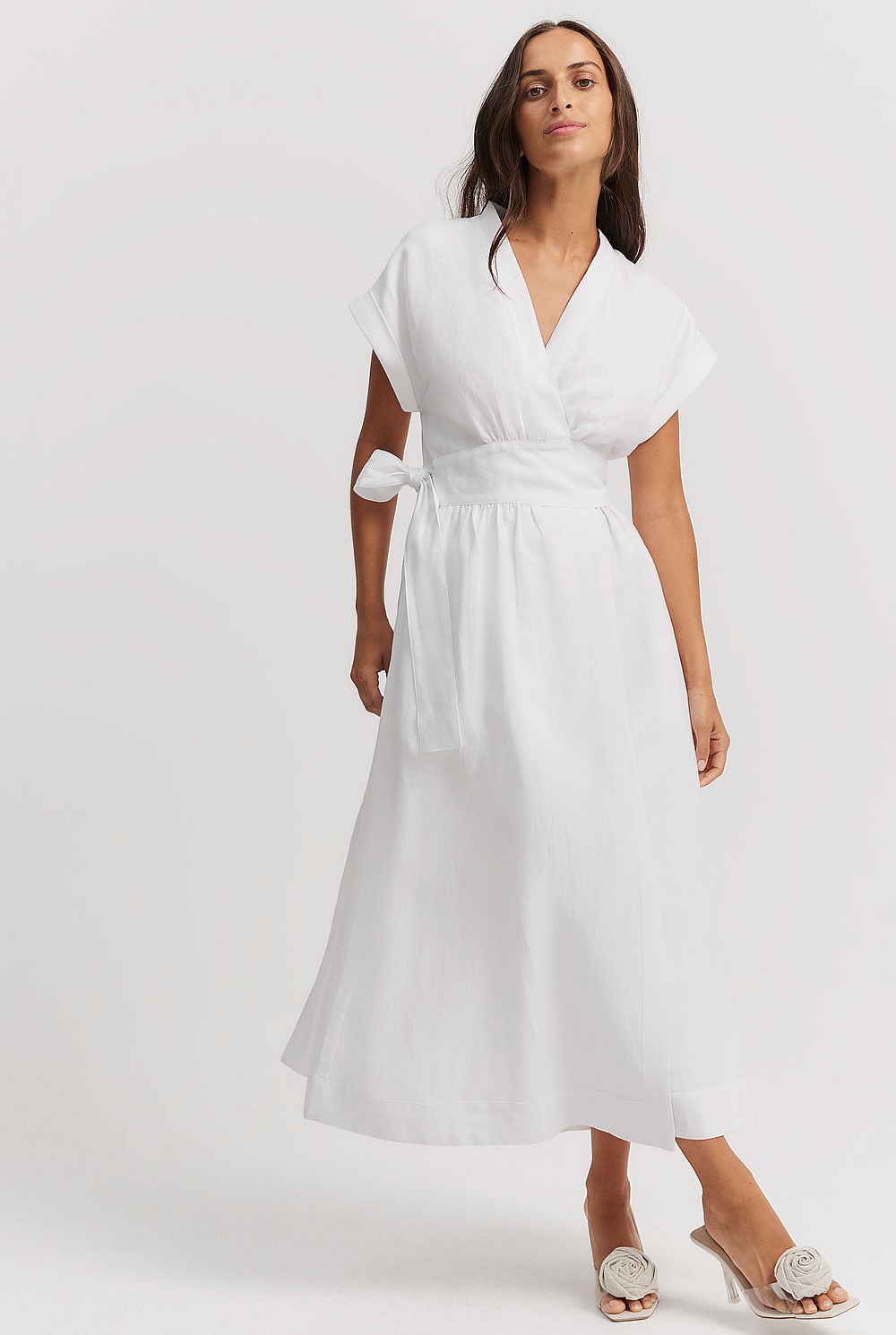 midi white wrap dress White Satin Cream Wrap Dress Midi Flutter Sleeves M