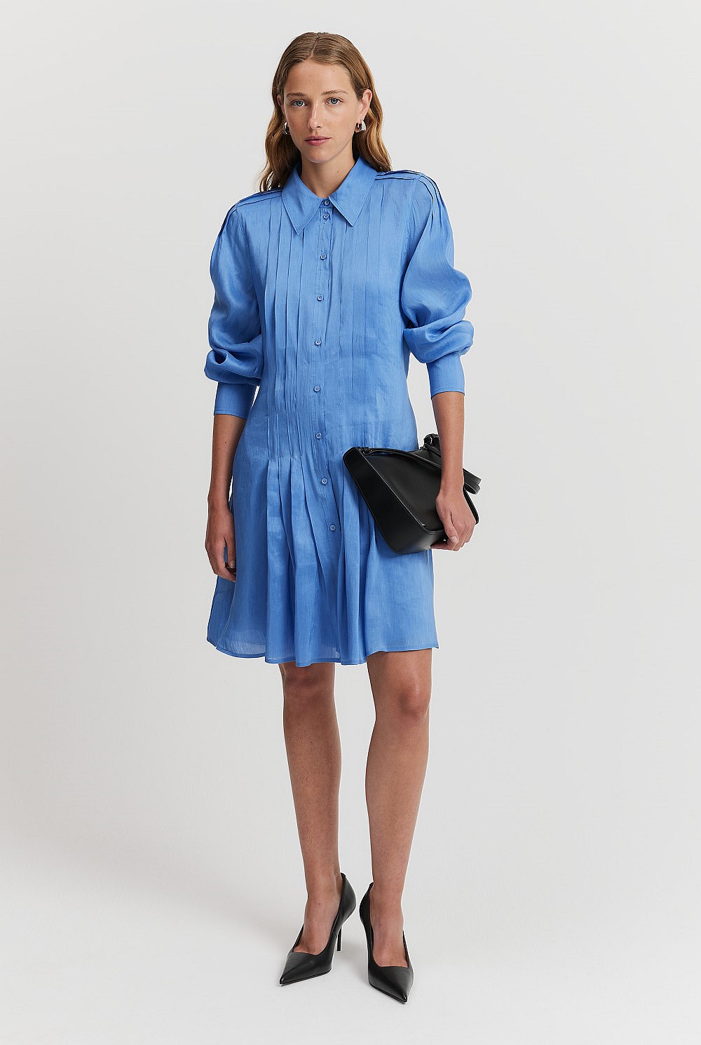country road blue dress French Pleat Mini Shirt - Natural Fibres Linen