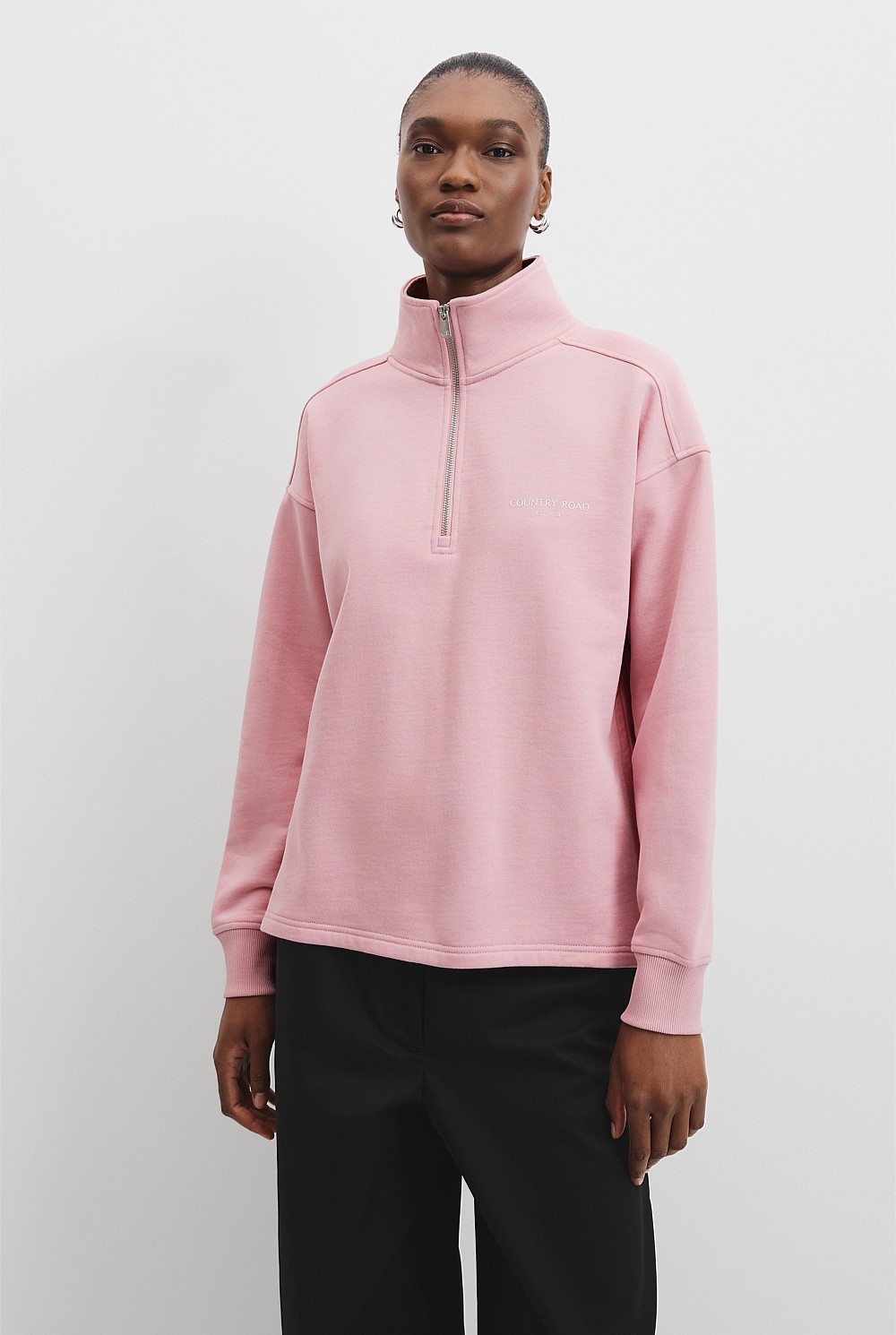 Crepe Pink Australian Cotton Zip Collar Sweat - Sweats | Country Road