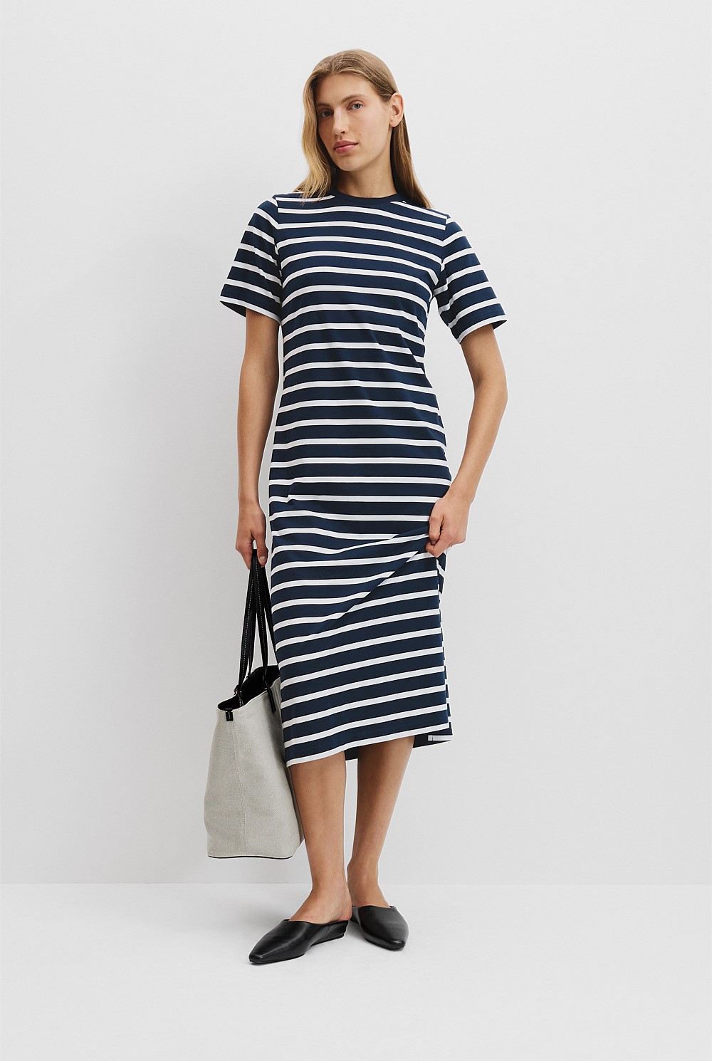 Navy Stripe Australian Cotton Stripe Midi T-Shirt Dress Holiday