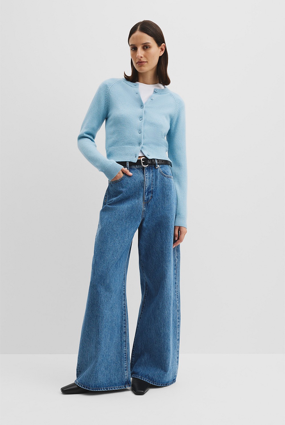 Blue Haze Cotton Cashmere Crew Neck Cardigan - Knitwear