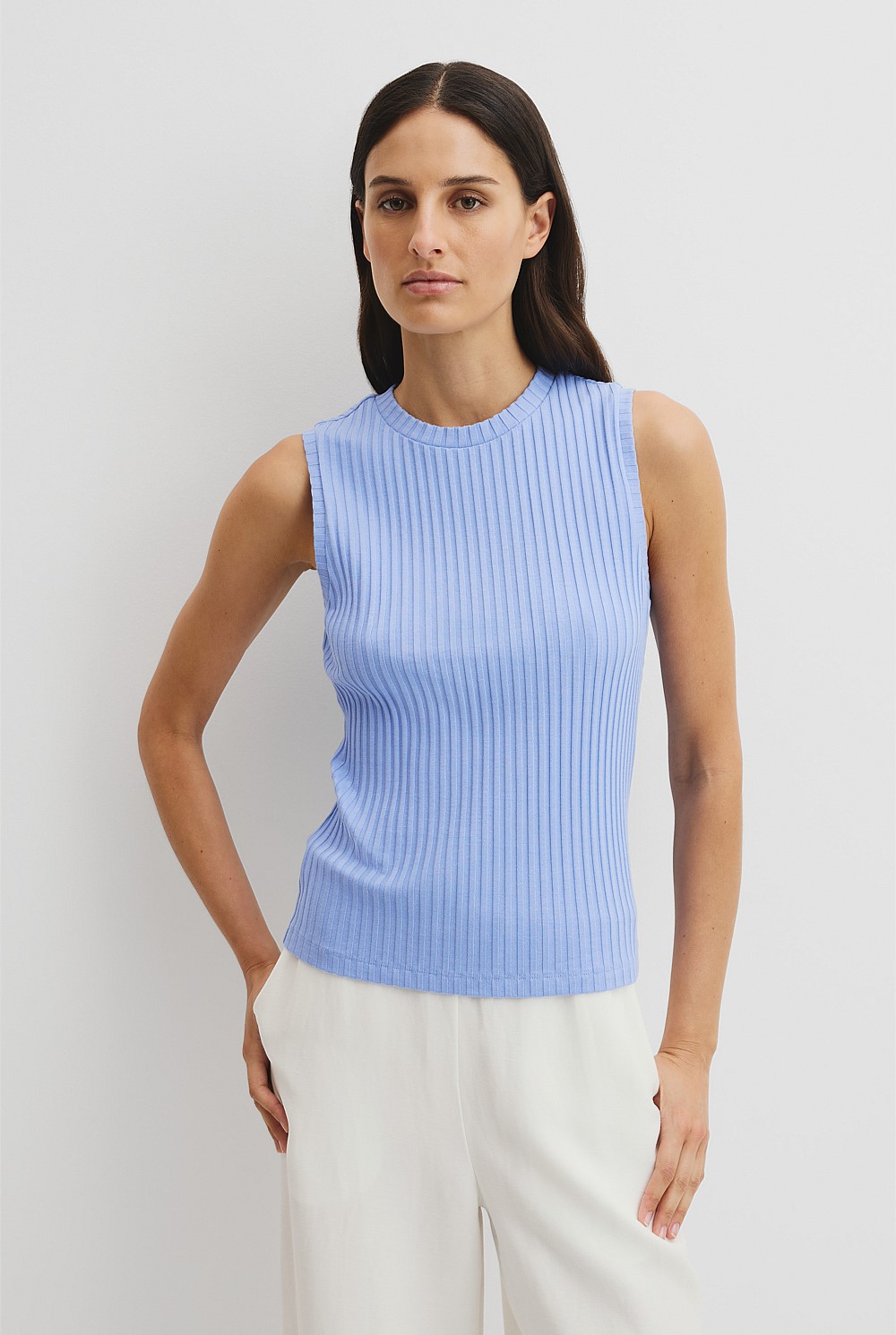 Cornflower High Neck Rib Tank - T-Shirts & Tops | Country Road