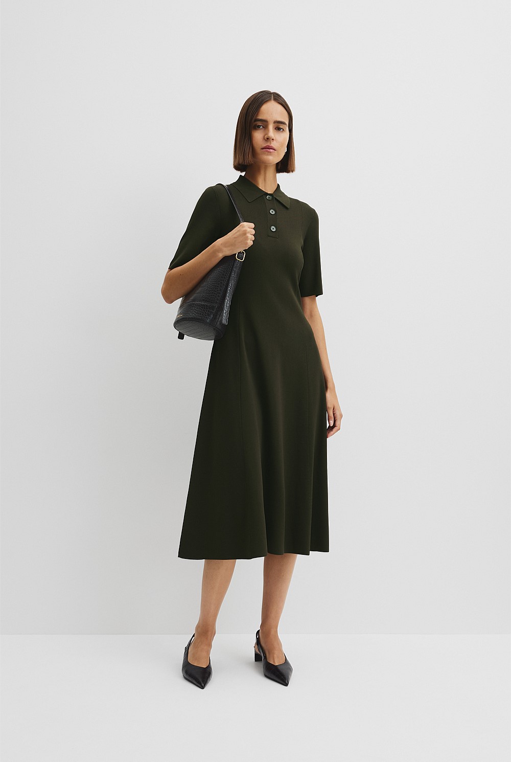 Moss Green Compact Knit Midi Dress - Dresses