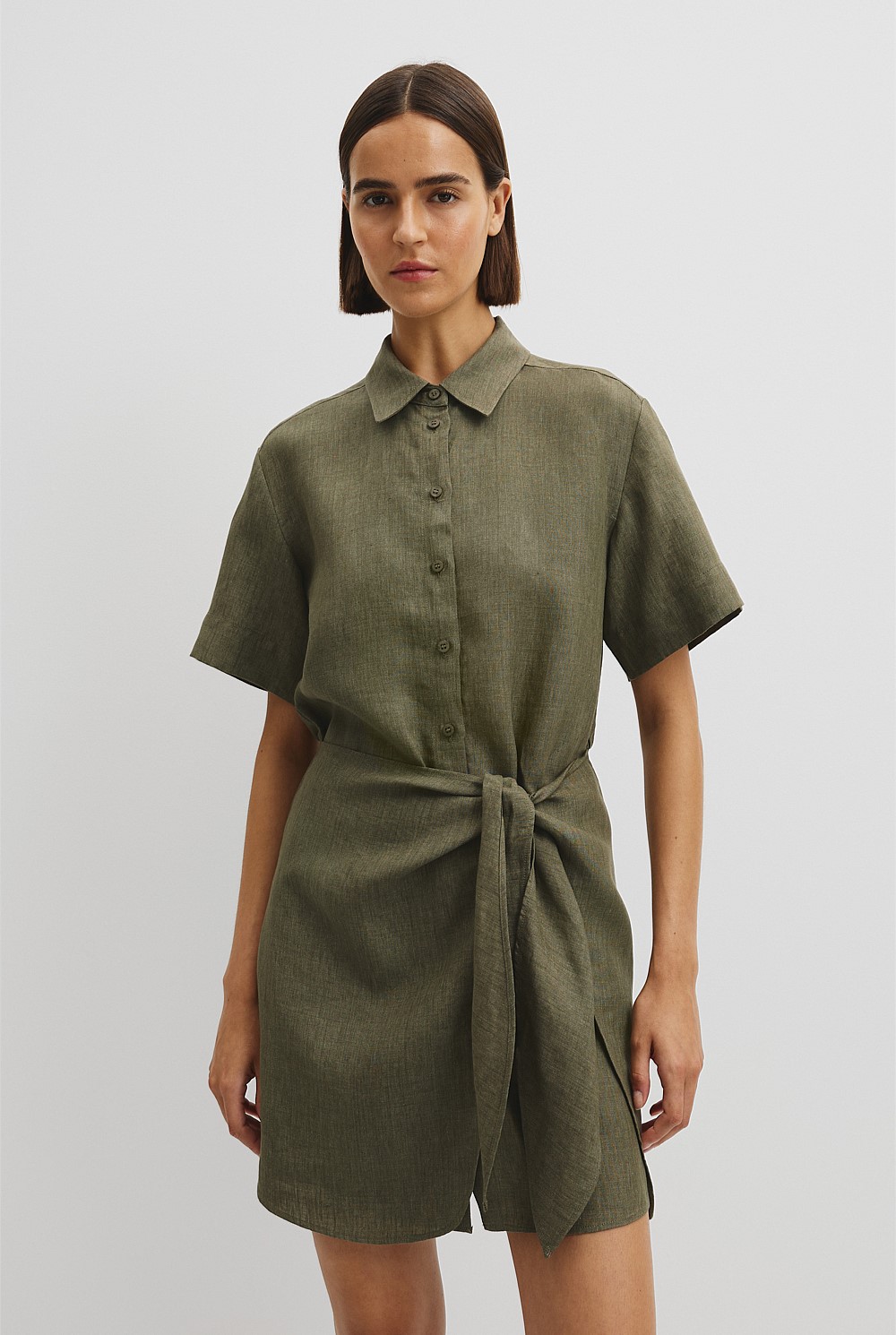 Moss Green Organically Grown Linen Mini Linen Shirt Dress - Dresses |  Country Road