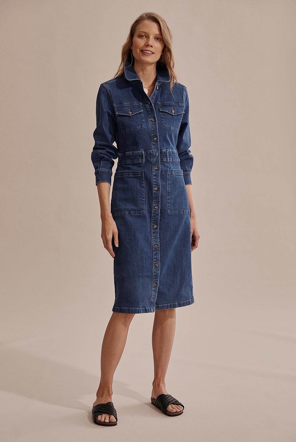 denim safari dress G by Giuliana Short Sleeve Denim Safari Dress - Tan