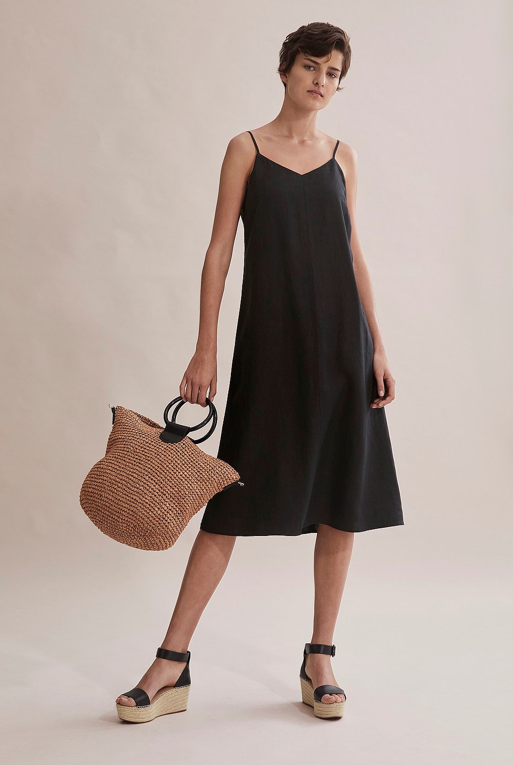 country road black linen dress Country Road Organically Grown Linen Shirred Midi Dress in Black