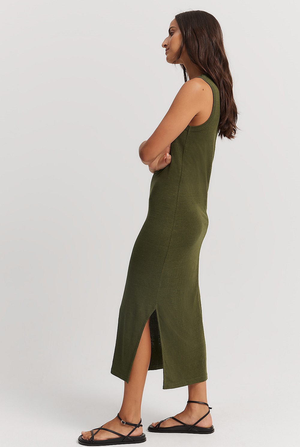 Dark Olive Linen Jersey Dress - Dresses