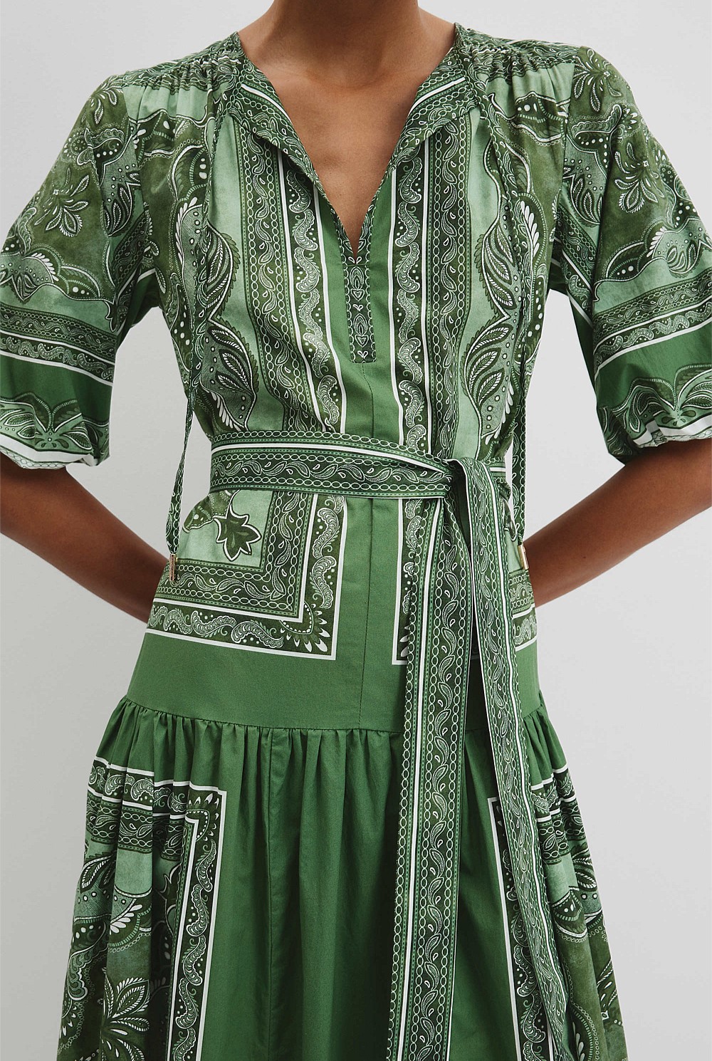 green scarf print dress Veronica Beard Kaliza Scarf-Print Midi Dress | Light Pistachio Multi