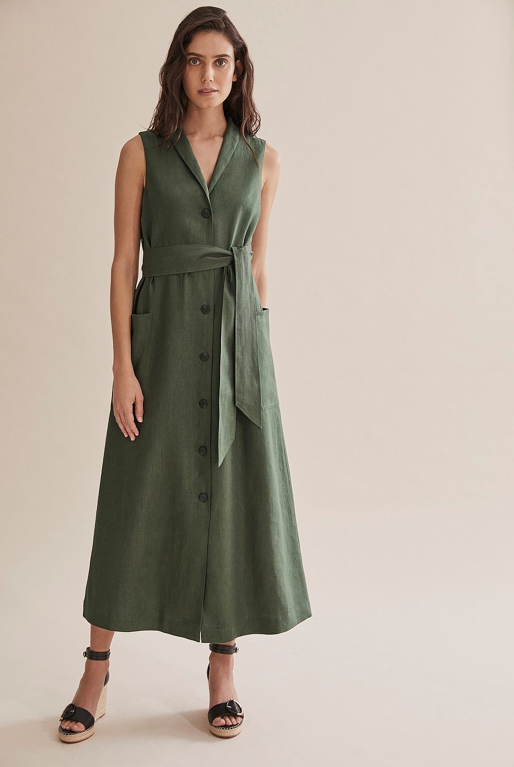 country road green linen dress Dark Olive Linen Blend Fluid Cinched Shirt Dress - Dresses