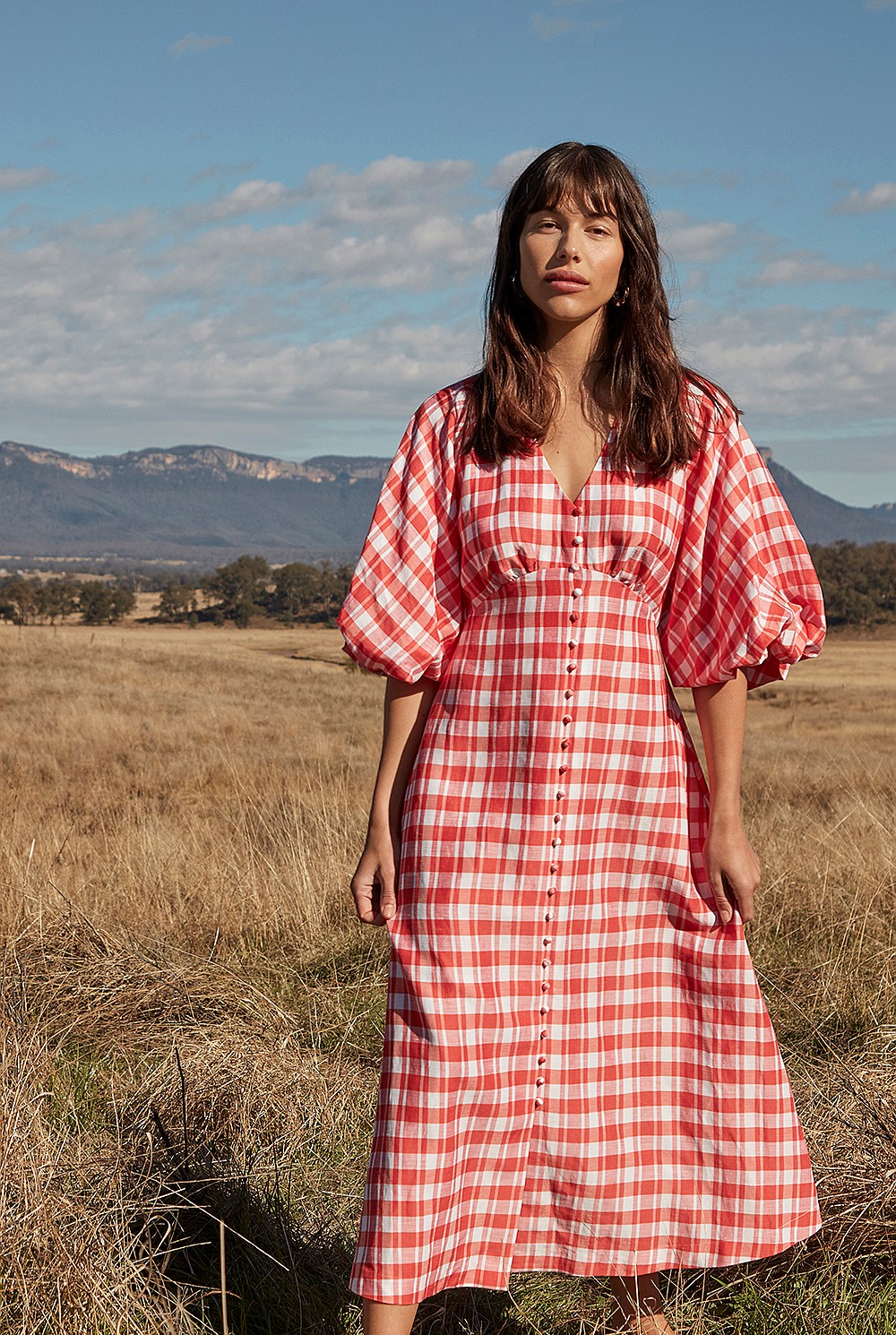 country road red dress Watermelon Red Check Full Sleeve Dress - Dresses