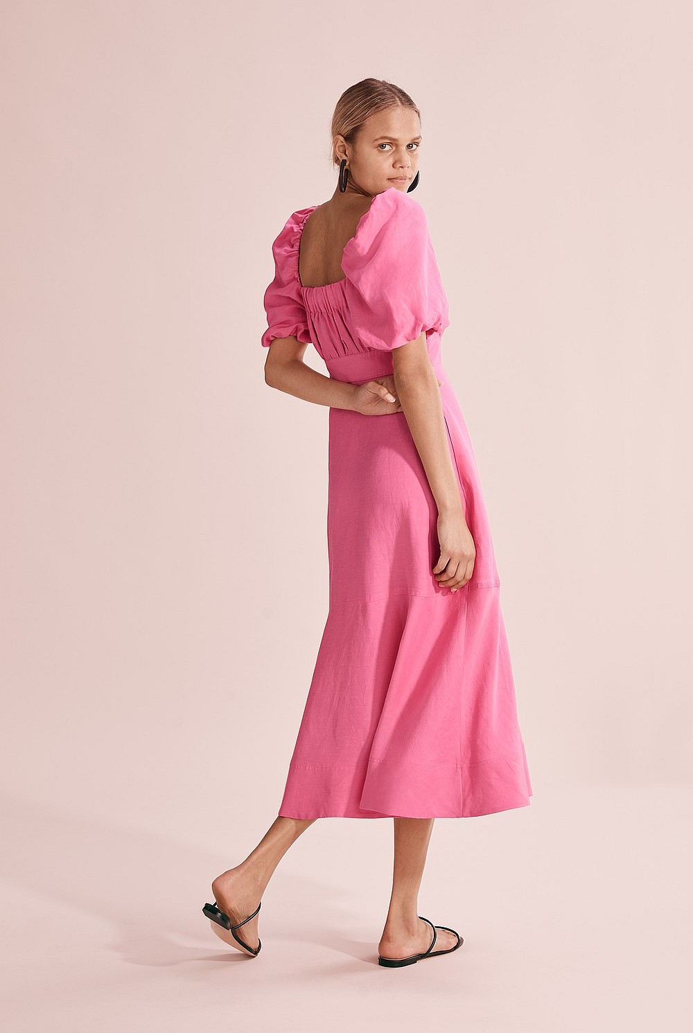country road pink linen dress Pop Pink Full Sleeve Midi Dress - Dresses