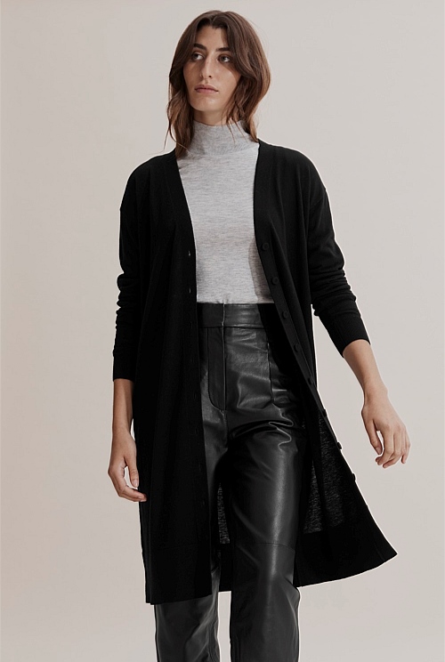 Black Australian Merino Wool Silk Longline Cardigan Natural Fibres Country Road