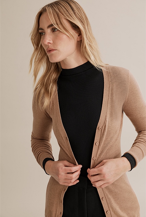 Camel Australian Merino Wool Silk Cardigan - Australian