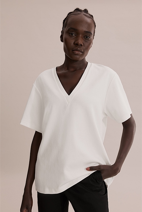 White Longline Deep V-Neck T-Shirt - T-Shirts & Tops