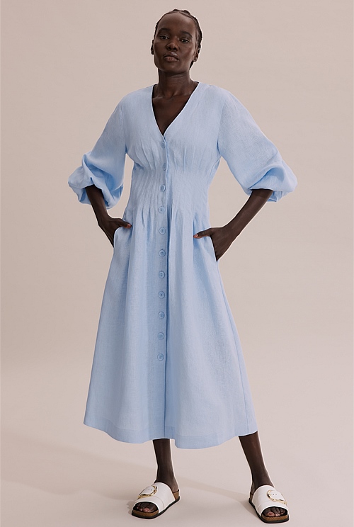 Pale Blue Organically Grown Linen Dart Front Midi Dress Natural Fibres Country Road