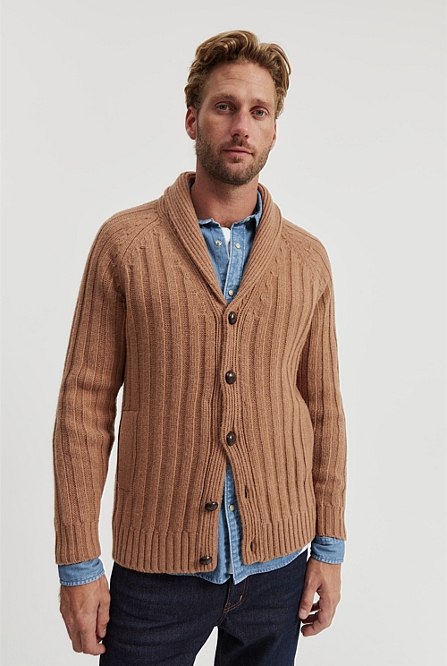 Camel Australian Lambswool Rib Shawl Cardigan - Knitwear