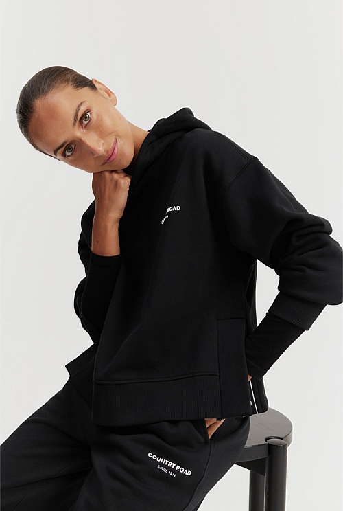 Black Australian Cotton Cropped Hooded Sweat - Sweats | Country Road