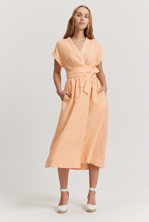 linen wrap midi dress