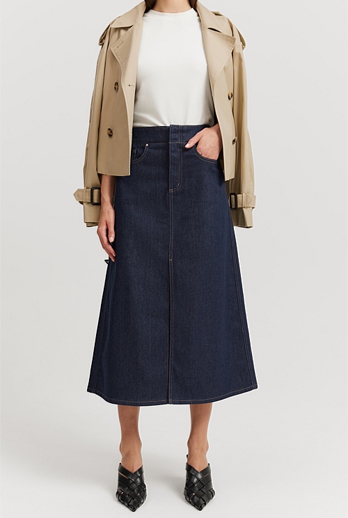 Raw Denim A-Line Denim Midi Skirt - Skirts